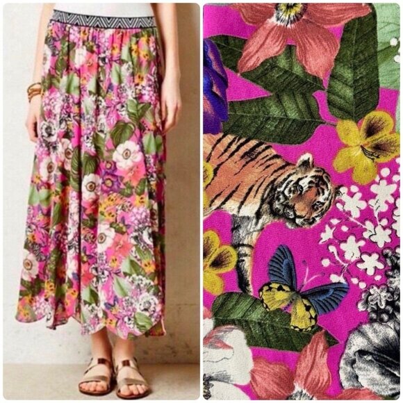 Anthropologie Maeve Banda Floral Maxi Skirt Pink  Green Pull-On Womens Size M - Picture 2 of 7